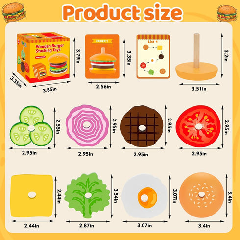 Montessori Toys for 2, 3, 4, 5, Year Old, Wooden Burger Stacking Toys, Fine Motor Toys for Kids Boys Girls, Ideal Preschool Educational and Learni...
