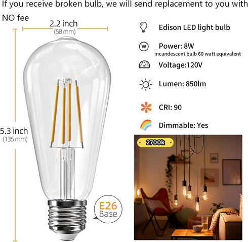 Edison LED Light Bulbs 60 watt Equivalent 8W Dimmable LED Lights Bulbs 2700K Soft Warm White 800 Lumen CRI90 E26 Base for Ceiling Vanity Light Din...