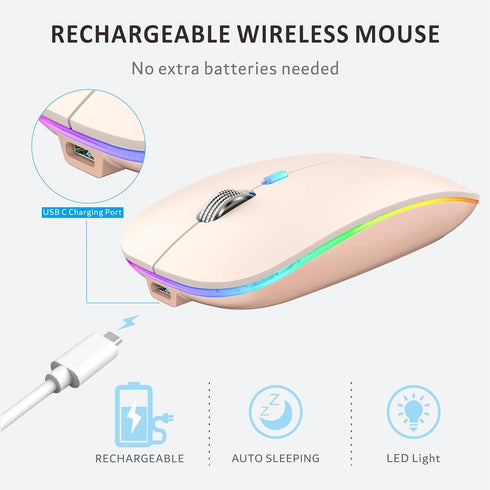 Uiosmuph LED Wireless Mouse, G12 Slim Rechargeable Silent Mouse, 2.4G Portable Optical Computer Mice with Receiver and Type C Adapter (Nude Pink)...