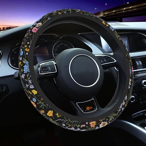 Colorful Wildflower Steering Wheel Cover Neoprene Material Most Cars Universal 15 inch Premium Non-Slip Breathable Flower Embroidery Car Steering ...