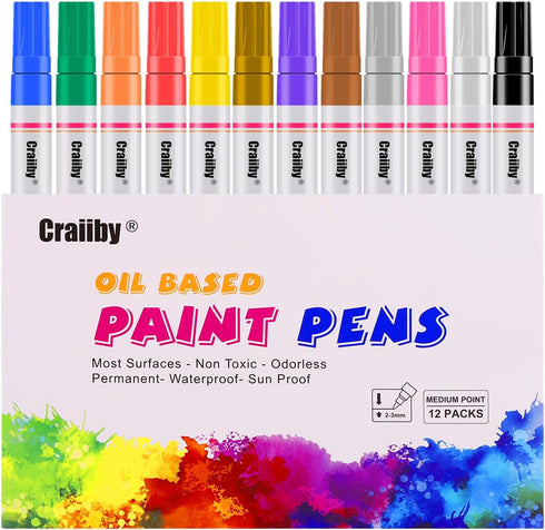 Paint Markers, 12 Pack Oil-Based Waterproof Quick Dry Permanent Paint Pen Set for Rocks Painting, Wood, Fabric, Plastic, Canvas, Glass, Mugs, Meta...