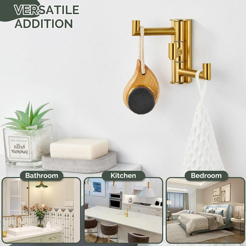 Angle Simple 3 Arms Towel Hook Brushed Gold, 304 Stainless Steel Swivel Triple Towel Holder, Folding Bathroom Hook, Wall Mount...
