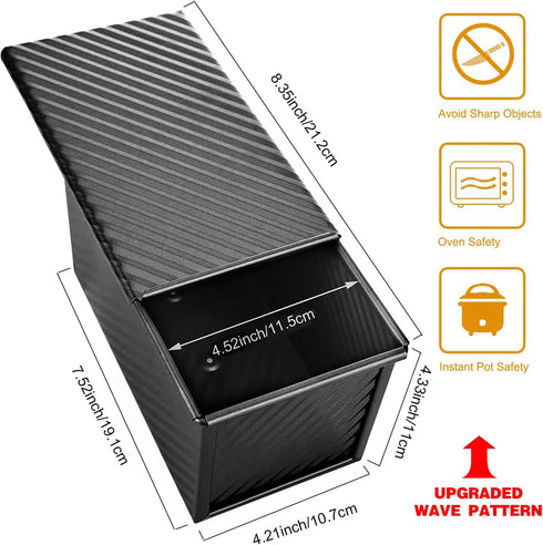Pullman Loaf Pan with Lid, Non-Stick Bakeware Carbon Steel Bread Toast Mold with Cover for Baking Bread, Black Corrugated bread box (Upgraded Wave...
