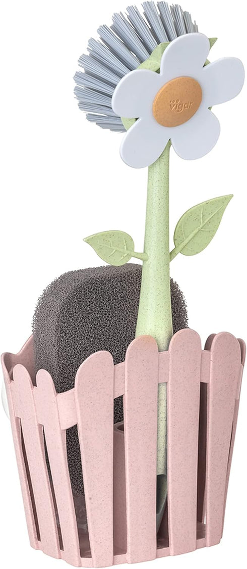 Vigar Florganic 3-Piece Sink Caddy Set, Eco-Friendly Daisy-Shaped Dish Brush, Sponge and Fence-Shaped Holder with Suction Cup, Pink...