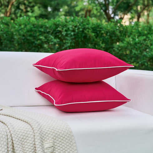 LIGICKY Pack of 2 Hot Pink Outdoor Waterproof Throw Pillow Covers Decorative White Edge Square Pillows Cushion Case Outside Pillowcase for Patio C...