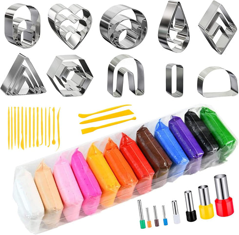 Yayatty 61 PCS Polymer Clay Earring Kit, 24 PCS Polymer Clay Earring Cutters Molds, 12 Color Modeling Soft Clay with Rollers, Ear Hooks for Polyme...