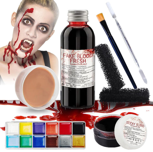 Special Effects SFX Halloween Makeup Kit - Fake Blood + Coagulated Blood Gel + 12 Colors Bruise Makeup Face Body Painting Palette with Brush + Sca...