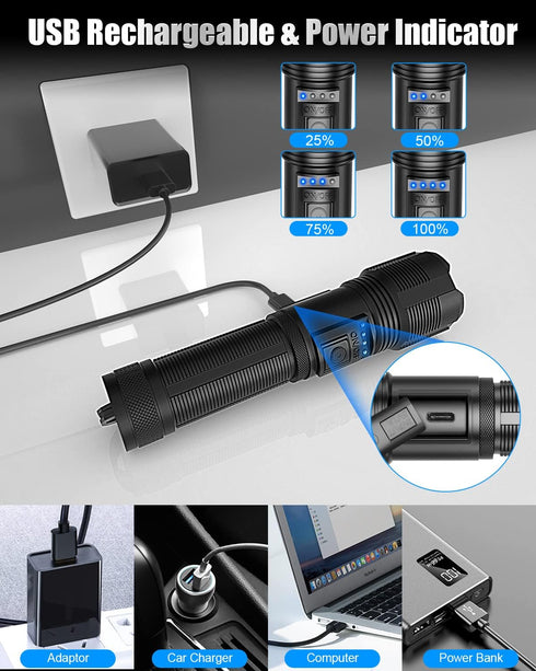 Rechargeable Flashlights High Lumens, Super Bright XHP50 LED Tactical Flashlight with 2200mah Battery, 5 Modes, IPX6 Waterproof Camping Flash Ligh...