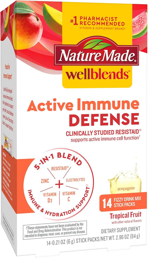 Nature Made Wellblends Active Immune Defense Fizzy Drink Mix, ResistAid, Vitamin C 500mg, Vitamin D 1000 IU, Zinc, and Electrolytes Powder, 14 Sti...