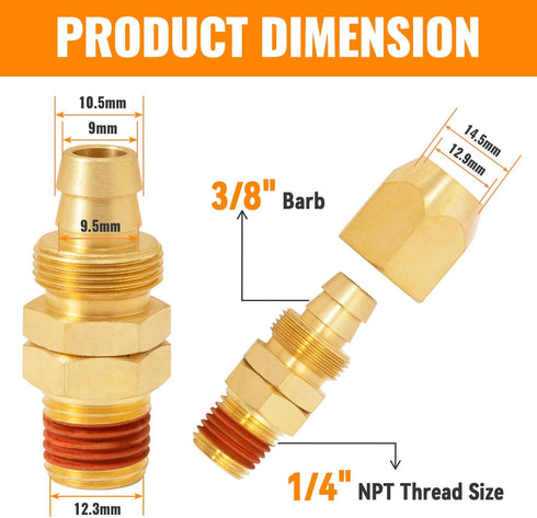 SUNGATOR Air Hose Repair Fitting, Pre-Coated Sealant 3/8 Inch Barb x 1/4 Inch NPT Brass Pneumatic Replacement Fitting Kit, Reusable 3/8'' to 1/4''...