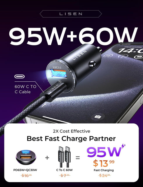 LISEN 95W USB C Car Charger Fast Charging PD65W Super Fast Charging Car Phone Charger Adapter Type C All Metal Cigarette Lighter USB Charger Adapt...