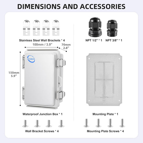 Waterproof Outdoor IP67 Junction Box (5.9"x3.9"x2.8") with Mounting Plate, Hinged Grey Cover and Wall Brackets - Weatherproof ABS Plastic Electric...