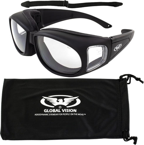 Global Vision Motorcycle Safety Sunglasses Fits Over Glasses Clear Lenses Meets ANSI Z87.1 Standards For Safety Eyewear Has Soft Airy Foam Padding...
