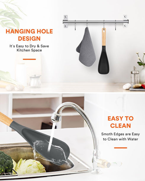 Cooking Spoon for Nonstick Cookwares, Great for Cooking and Serving Durable BPA-Free Matte Silicone, Wood Handle Spoon for Mixing, Scoop, and Scra...