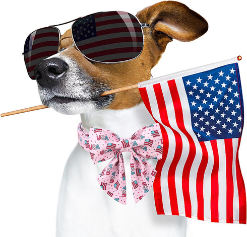 ARING PET 4th of July Dog Collar-Cotton Pink USA Patriotic Dog Collar with Bowtie, Adjustable American Flag Dog Collar Puppy Collars for Small Med...