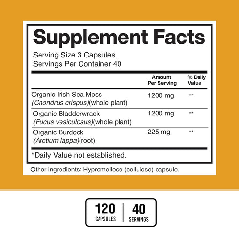 American Standard Supplements Organic Sea Moss, Bladderwrack & Burdock Root Capsules - 1200mg Sea Moss, 1200mg Bladderwrack, 225mg Burdock Root Pe...
