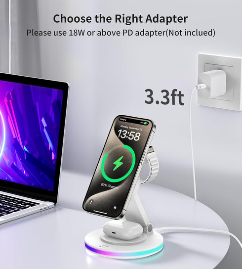 3 in 1 Mag-Safe Charger Stand, Magnetic Foldable Wireless Charging Station for Apple, Rotating & Light Adjust, Compatible with iPhone 15/14/13/12 ...