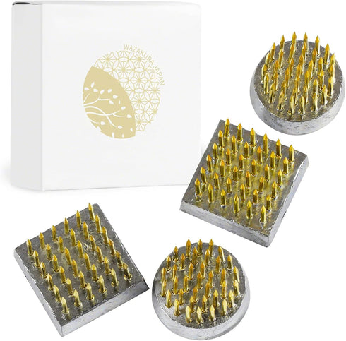 Wazakura 4PCS Mini Ikebana Kenzan Japanese Flower Holder, Made in Japan, Floral Arranging Pin Frog, Round Square - 1"(24mm) Brass...