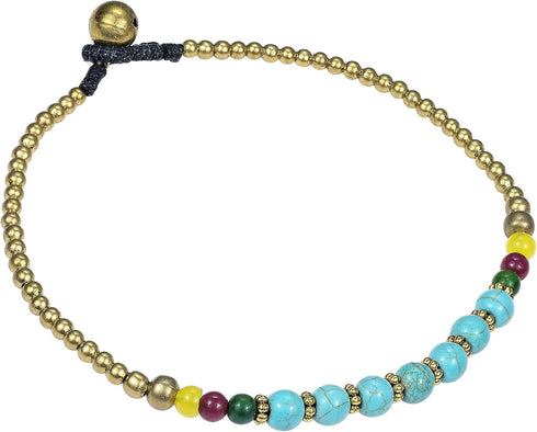 AeraVida Tribal Round Simulated Blue Turquoise Brass Beads Link Charm Anklet...