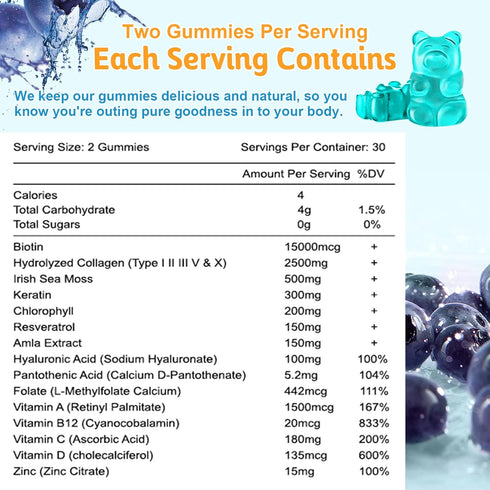 Hair Skin Nail Vitamins Gummies Supplement, 15000mcg Biotin Gummies with Collagen Sea Moss Chlorophyll Vitamin C Zinc for Women Men Muscle Joint &...