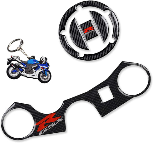 Real Carbon Look Gas Cap, Fuel Cap, Keychain and Triple Tree Front End Upper Top Clamp, Decal Stickers for GSXR 600 GSXR 750 GSXR 1000 K6 K7 K8 K9...