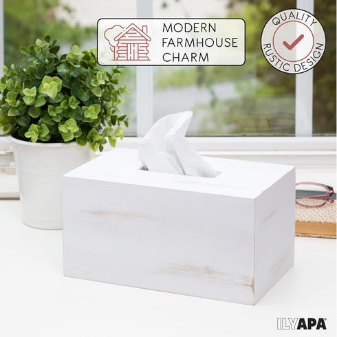 Ilyapa Wood Tissue Box Cover Rectangular - Rustic Farmhouse White Wooden Tissue Holder...