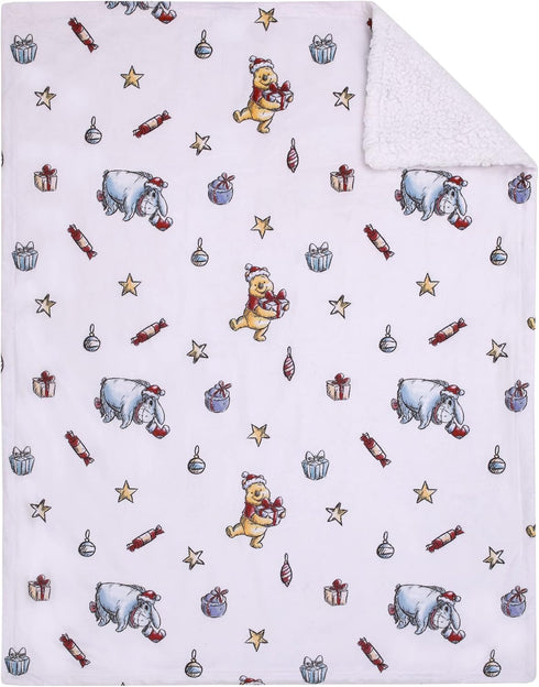 Disney Winnie The Pooh and Eeyore White Christmas Holiday Presents Super Soft Sherpa Baby Blanket...