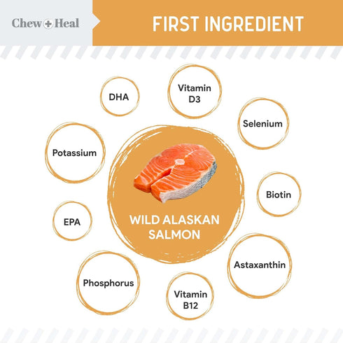 Chew + Heal Labs Omega Salmon Jerky Dog Treats - 5 oz of Soft Salmon Jerky for Skin and Coat - Made with Wild Alaskan Salmon, Flaxseed, Oat Flour,...