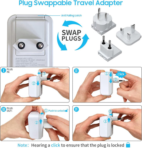 VINTAR European Travel Plug Adapter Kit, UK Power Adapter with 3 USB Ports (2 USB C) & 2 American Outlets, Type C,G,H Swap&Adapt Attachments, Adap...