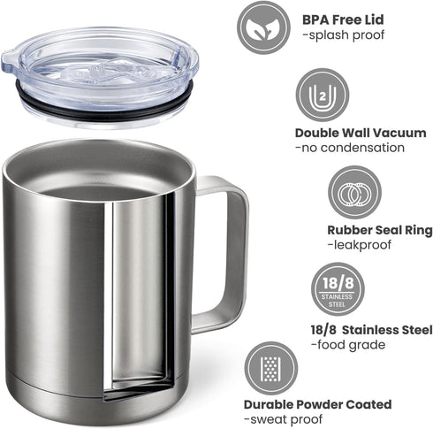 MEWAY 12oz Coffee Mug With Handle,Stainless Steel Insulated Travel Tumblers With Sliding Lid,Double Wall Vacuum Camping Cup for Hot & Cold Drinks ...