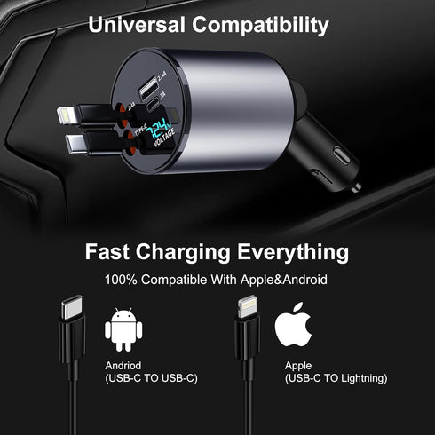 Retractable Car Charger 4 in 1 Fast Charge USB C Car Charger Adapter with Retractable Cord Cable 100W, Car Phone Charger for iPhone 15 Pro Max Plu...