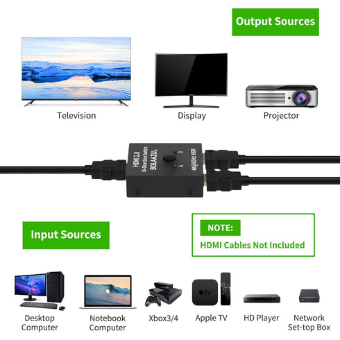 HDMI Switch 2 in 1 Out or 1 in 2 Out 4K@60Hz, Bi-Directional HDMI 2.0 Switcher 2-Way HDMI Port Expander Hub Selector Box Supports HDR, 3D, 1080P, ...