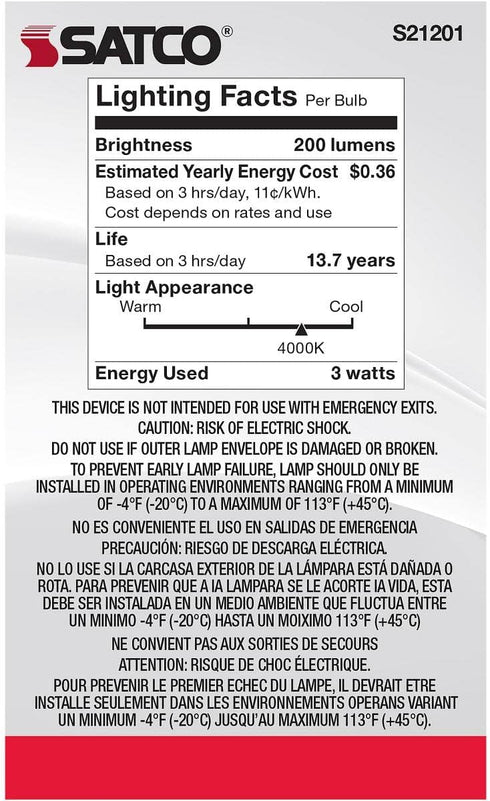 Satco 3-Watt LED E12 Light Bulb, 4000K, 15000 Hour Rating, Dimmable...