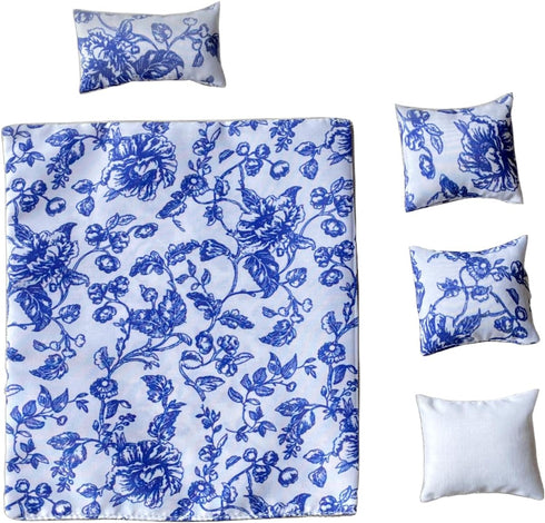 Dollhouse Bedding, 5 Piece Set with Comforter & Pillows, Blanket, Realistic Bedroom Accessories for 6 inch Dolls, 1/12 Scale, Blue Flowers and Whi...