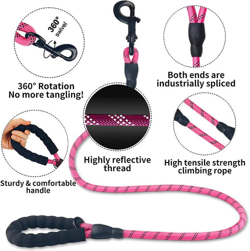 2 Pack Dog Leash 5 FT Thick Durable Nylon Rope - Comfortable Padded Handle Reflective Rope Dog Leash for Medium Large Dogs with Collapsible Pet Bo...