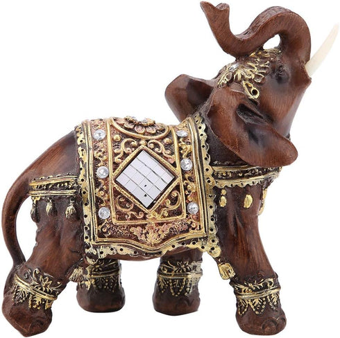 Feng Shui Wood Grain Elegant Elephant Statue 5.5 (H) Thai Elephant with Trunk Facing Upwards Collectible Figurine Sculpture Decoration Statue Weal...