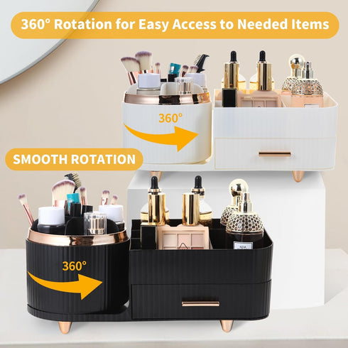 Makeup Organizer Countertop with Drawers 360 Rotating Makeup Brush Holder Large Capacity Skincare Organizer for Vanity Desk, All Black...