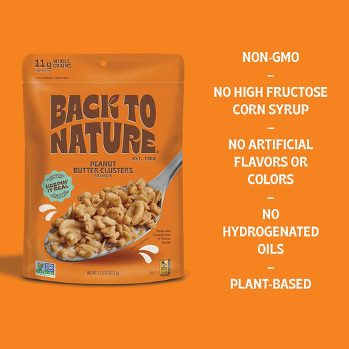 Back to Nature Granola Clusters Cereal - Non-GMO, Plant Based Snacks made with Whole Grain Rolled Oats - Peanut Butter Clusters, 11 Ounce...