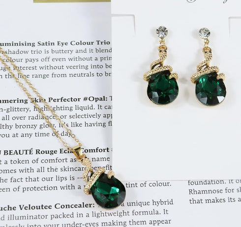 14K Gold Plated Drop Crystal Zircon Green Snake Pendant Necklace and Earring Jewelry Set...