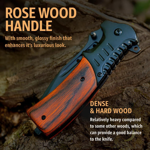 Spring Assisted Knife - 3.66" Sharp Blade - Tactical Pocket Knife for Men with Wood Handle Glass Breaker & Clip - Best Folding Knives for EDC Camp...