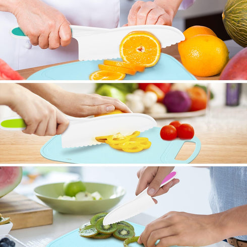 Kids Knife 4-Piece with Cutting Board - Toddler Knife Set Children's Cooking Nylon Knives - Serrated Edges and Firm Grip Suitable for Cutting Sala...