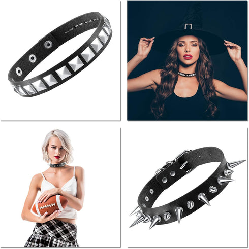 Hicarer 4 Pieces Cool Punk Women Men Biker Choker Heart Gothic Halloween Choker Necklace PU Leather Studded Stone (Black) Faux Leather, Faux Leath...