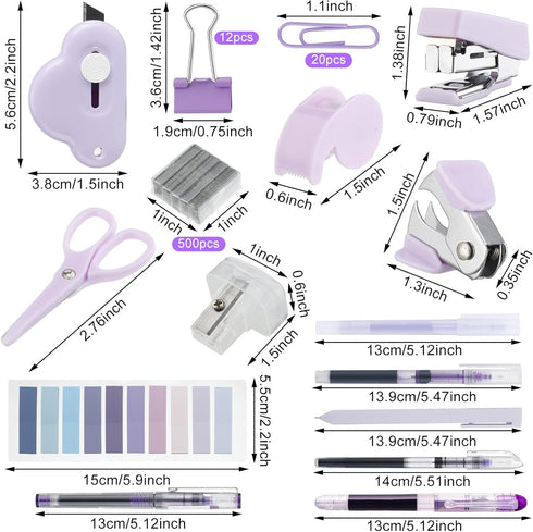 Mini Office Supply Kit Includes Stapler Tape Dispenser Staple Remover Paper Clips Scissor Staples Pen Sharpener Note Small Telescopic Knife for Of...