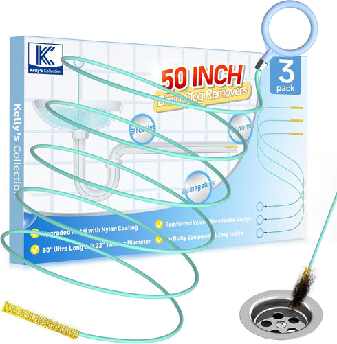 Kelly's Collection 50 Inch Drain Snake Hair Clog Remover, Extra Long Sink Snake Anti-break Metal with Nylon Layer, Shower Snake Hair Drain Cleaner...