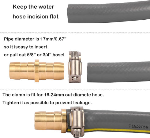 Brass Garden Hose Repair Connector with Clamps, Fit for 3/4" or 5/8" Garden Hose Fitting, 2 Set...