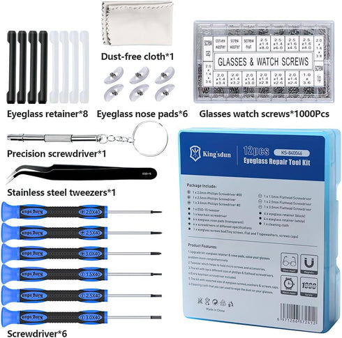 Upgraded Eyeglass Repair Kit, Eye Glasses Repairing Tools with Precision Screwdriver Set, Various Screws, Nose Pads, Temple Tips Sleeve Retainer S...