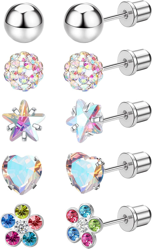 MJust 5 Pairs Titanium Screw Back Earrings for Women Hypoallergenic ScrewBack Earrings for Sensitive Ears Pearl Heart Star Flower CZ 20G Pure Tita...