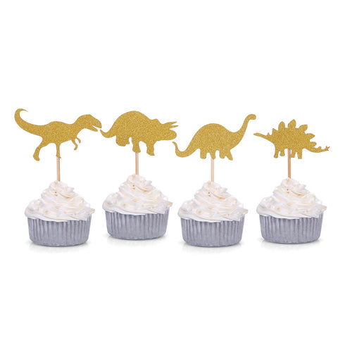 24 Counts Gold Glitter Dinosaur Cupcake Toppers Kid's First Birthday Party Decorations...