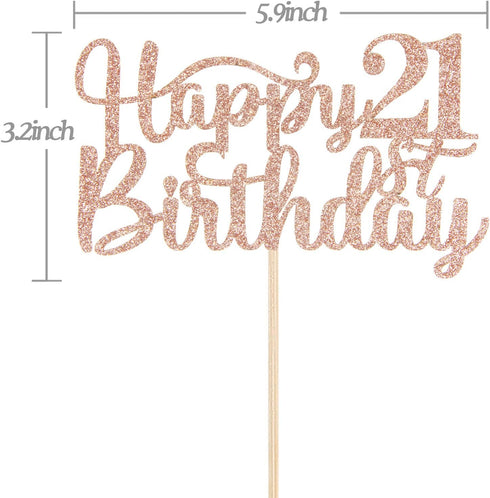 Happy 21st Birthday Cake Topper, 21st Birthday/Anniversary Party Supplies, Cheers to Twenty-one Years Party Decoration - Rose Gold Glitter...