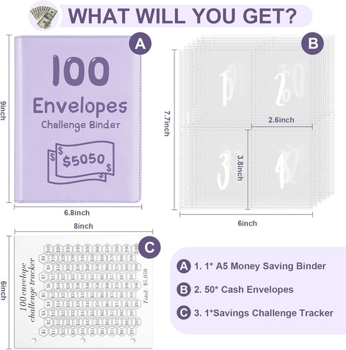 Winsing 100 Envelopes Money Saving Challenge Binder - A5 Budget Binder Savings Challenges Book With Cash Envelopes & Laminated Tracker To Save $5,...